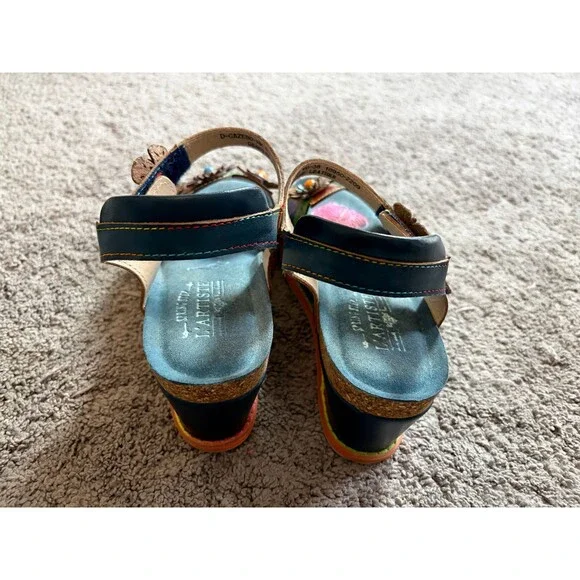 L'Artiste by Spring Step blue leather wedge sandals with flower cutouts EU38 - Picture 3 of 5